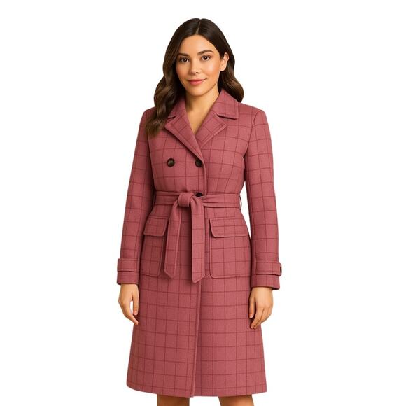 Vintage Pink Plaid Double-Breasted Coat Knee Length UK Size Small Belt Pockets - Picture 1 of 9